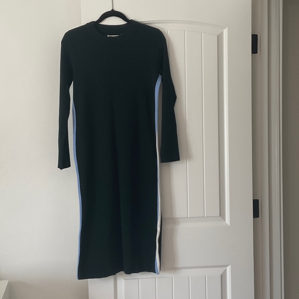 Tory Sport Dark Green Long Sleeve Knit Dress with Blue & White Side Stripes